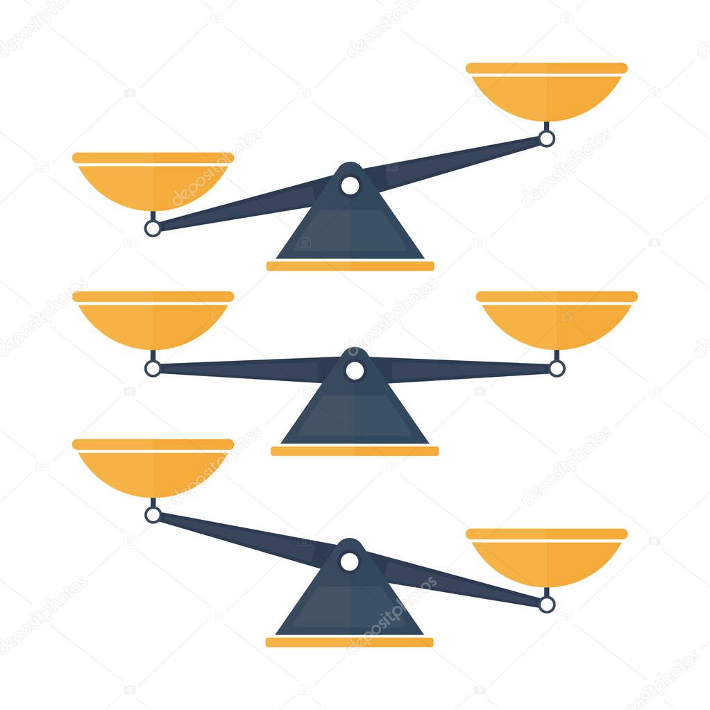 Set of three scales. Bowls of scales in balance and imbalance. Libra. Vector.