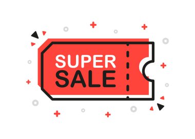 Süper satış, tanıtım kodu, beyaz arka planda düz dizaynlı kupon afişi. Vektör.