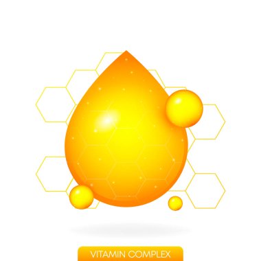 Beyaz arka planda bir damla altın vitamin. Gerçekçi bir nesne. İzole edilmiş arka plan. Vektör tasarımı illüstrasyonu.