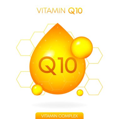 Vitamin Q10 gerçekçi ikonu. İlaç kapsülü beyaz arkaplanda izole edilmiş bir damla şeklinde. Vektör illüstrasyonu