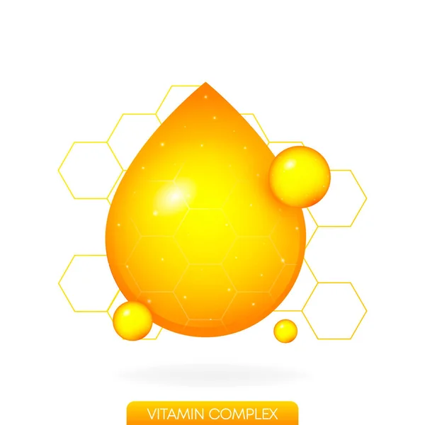 Gyllene en droppe vitamin på vit bakgrund. Realistiskt objekt. Isolerad bakgrund. Illustration av vektordesign. — Stock vektor