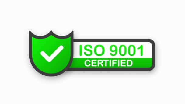 Certificado ISO 9001 crachá verde. Carimbo de design plano isolado no fundo branco. Gráfico de movimento. — Vídeo de Stock