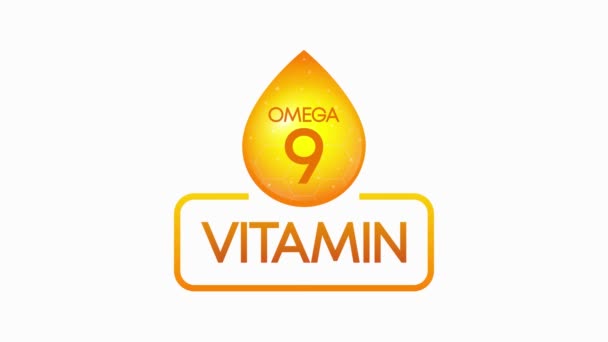 Vitamine Omega 9 drop banner izolated op witte achtergrond. Bewegingsgrafiek. — Stockvideo