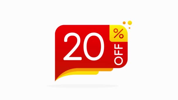 20 per cento off targhetta sconto su uno sfondo bianco in design piatto. Affari, negozi, vendita di prodotti. Grafico di movimento. — Video Stock