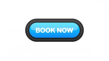 Book Now mavi gerçekçi üç boyutlu düğme beyaz arkaplanda izole edilmiş. Elle tıklandı. Hareket grafiği.