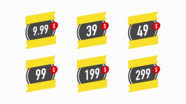 İndirim sadece 9.99 99 99 99 199 ve 299 dolar ve en iyi fiyata. Beyaz arkaplanda Düz Tasarımlı Çıkartmalar. Hareket grafiği.