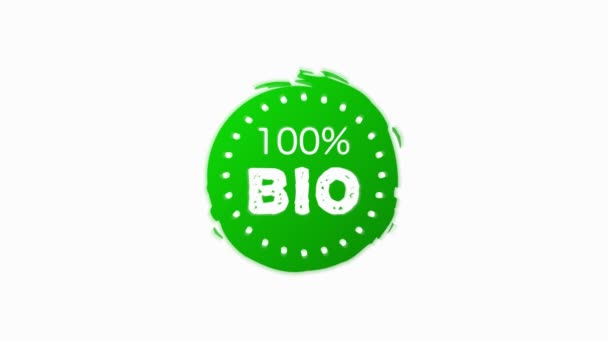 100 BIO Fresh alimentos orgánicos veganos saludables etiquetas de logotipo grunge lineal y etiquetas de los diferentes diseños y color verde. Objetos hechos a mano. Gráfico de movimiento. — Vídeos de Stock