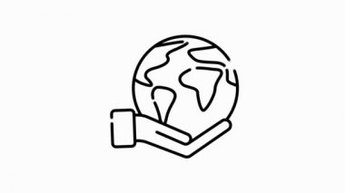 Beyaz arkaplanda dünyayla ilgili taslak simgesi. Web sitesi tasarımı ve geliştirmesi için ince çizgi hareket simgeleri, uygulama geliştirme. Hareket grafiği.