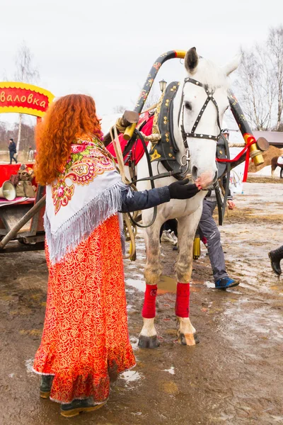 Un cavallo bianco con un carro nel paesaggio — Foto Stock