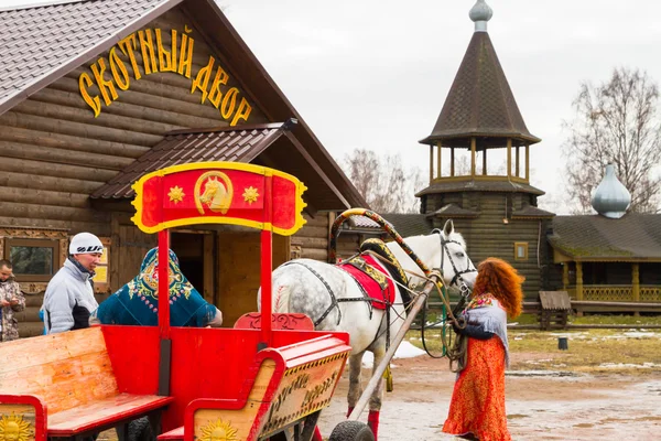 A white horse with a wagon in the scenery — Stock Photo, Image