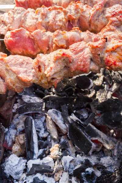 Cozinhar carne de porco fatiada em espetos — Fotografia de Stock