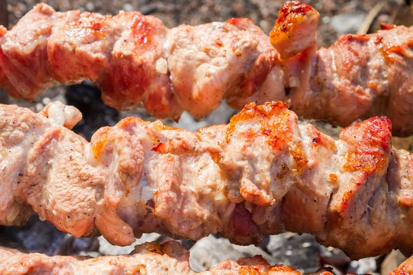 Koken varkensvlees vlees gesneden op spiesjes — Stockfoto