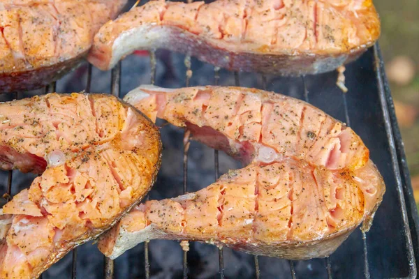 Große Fischsteaks Frische Forellen Gewürzen Auf Dem Grill Gebraten — Stockfoto