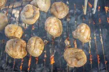 Pickled mushrooms are cooked on the grill on coals