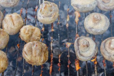 Pickled mushrooms are cooked on the grill on coals