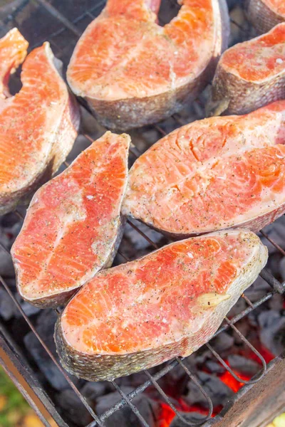 Große Fischsteaks Frische Forellen Gewürzen Auf Dem Grill Gebraten — Stockfoto