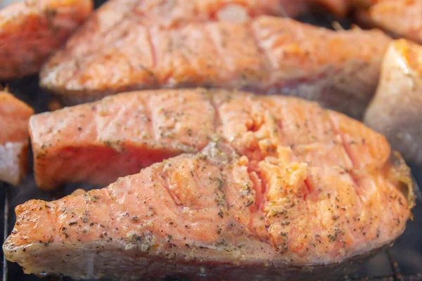 Große Fischsteaks Frische Forellen Gewürzen Auf Dem Grill Gebraten — Stockfoto