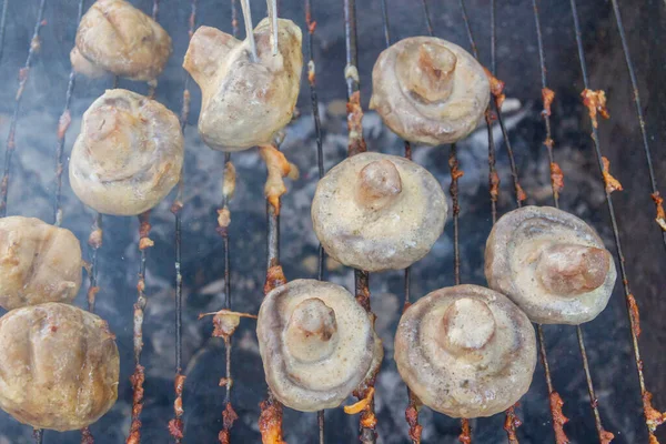 腌制的蘑菇在烤炉的煤块上烹调 — 图库照片