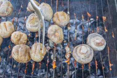 Pickled mushrooms are cooked on the grill on coals