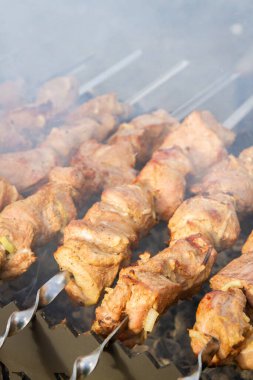 Şiş kebap ızgaradaki şişte domuz parçalarından yapılır.