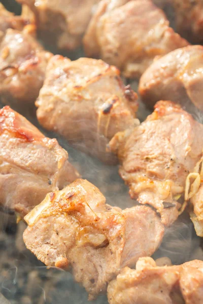 Shish Kebab Γίνεται Από Κομμάτια Του Χοιρινού Κρέατος Μαγειρεύεται Σουβλάκια — Φωτογραφία Αρχείου