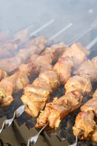 Shish Kebab Kawałków Wieprzowiny Jest Gotowane Szaszłykach Grillu — Zdjęcie stockowe