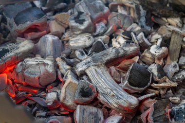 Sıcak kömürler baharda ızgarada yatıyor.