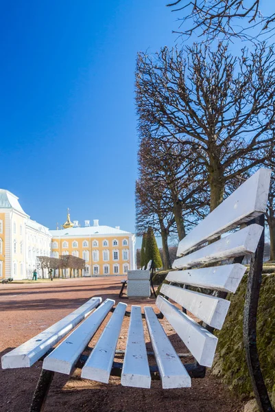Dřevěné bílé lavičce za slunného dne v parku — Stock fotografie