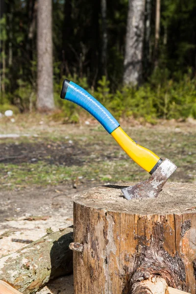 El hacha en un tronco en el bosque — Foto de Stock