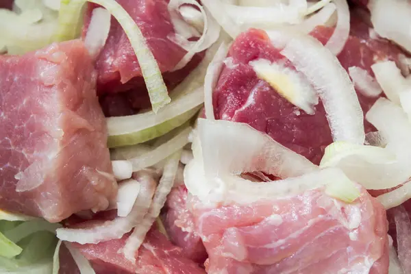 Raw pork meat with onion preparing for barbecue — Stock Photo, Image