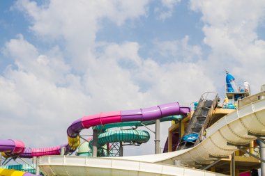Evpatoria, Kırım, 1 Eylül 2015. Muz Cumhuriyeti Su Parkı Açık gökyüzünün altında.