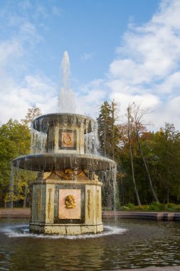 Sonbahar Peterhof parkta pınarlarına