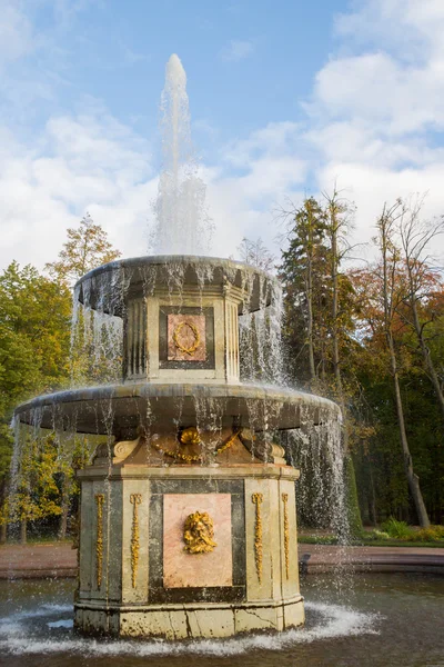 Fontaines dans le parc en automne Peterhof — Photo
