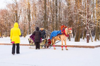 Atları çizilmiş atlı kızak ve kışın taşıma