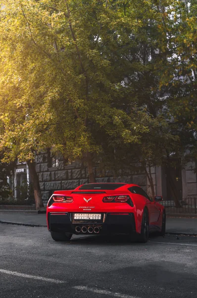 乌克兰基辅 2019年9月 红色美国雪佛兰Corvette C7型肌肉车 — 图库照片