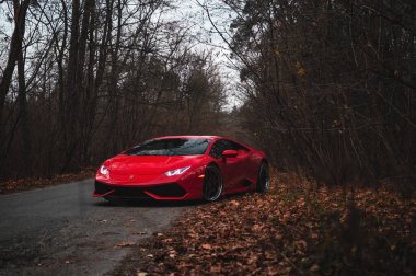  Kyiv, Ukrayna - Kasım 2019. İtalyan süper arabası Lamborghini Huracan sonbahar ormanlarında kırmızı renkte.