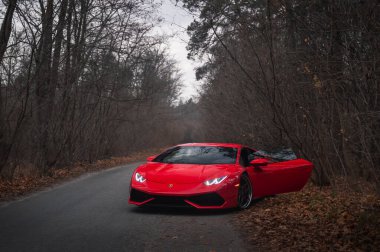 Kyiv, Ukrayna - Kasım 2019. Muhteşem bir süper araba Lamborghini Huracan sonbahar ormanında kırmızı bir renkte ve açık bir kapısı var..