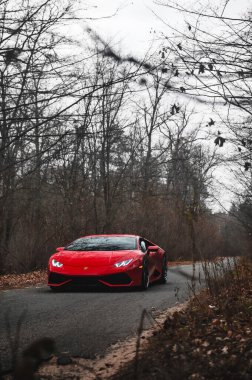  Kyiv, Ukrayna - Kasım 2019. İtalyan süper arabası Lamborghini Huracan sonbahar orman yolunda kırmızı renkte.