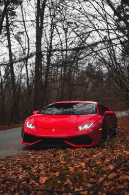  Kyiv, Ukrayna - Kasım 2019. İtalyan süper arabası Lamborghini Huracan sonbahar orman yolunda kırmızı renkte.