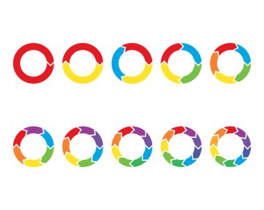 Colorful circle arrow charts. Multicolor spinning arrows icons. Vector illustration