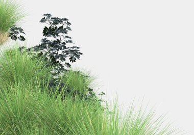 Gri arka planda izole edilmiş çimen adası. 3d görüntüleme - illüstrasyon