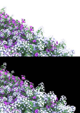 Afişler için beyaz ve siyah arkaplandaki çiçekli çim tarlaları. 3d görüntüleme - illüstrasyon