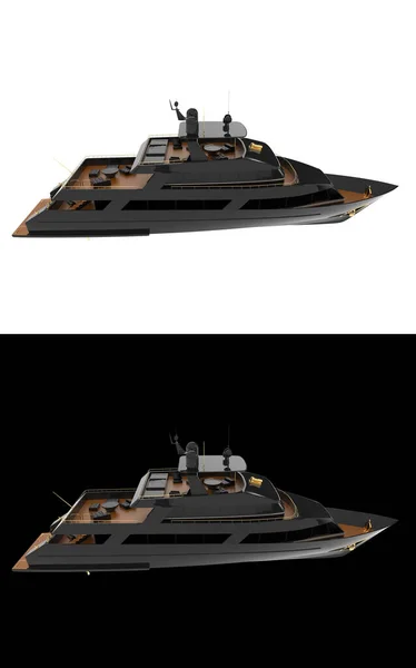 豪华超级游艇隔离在白色和黑色背景的横幅 3D渲染 — 图库照片