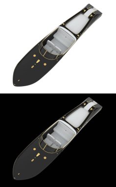 Hız teknesi afişler için siyah ve beyaz arka planda izole edildi. 3d görüntüleme - illüstrasyon