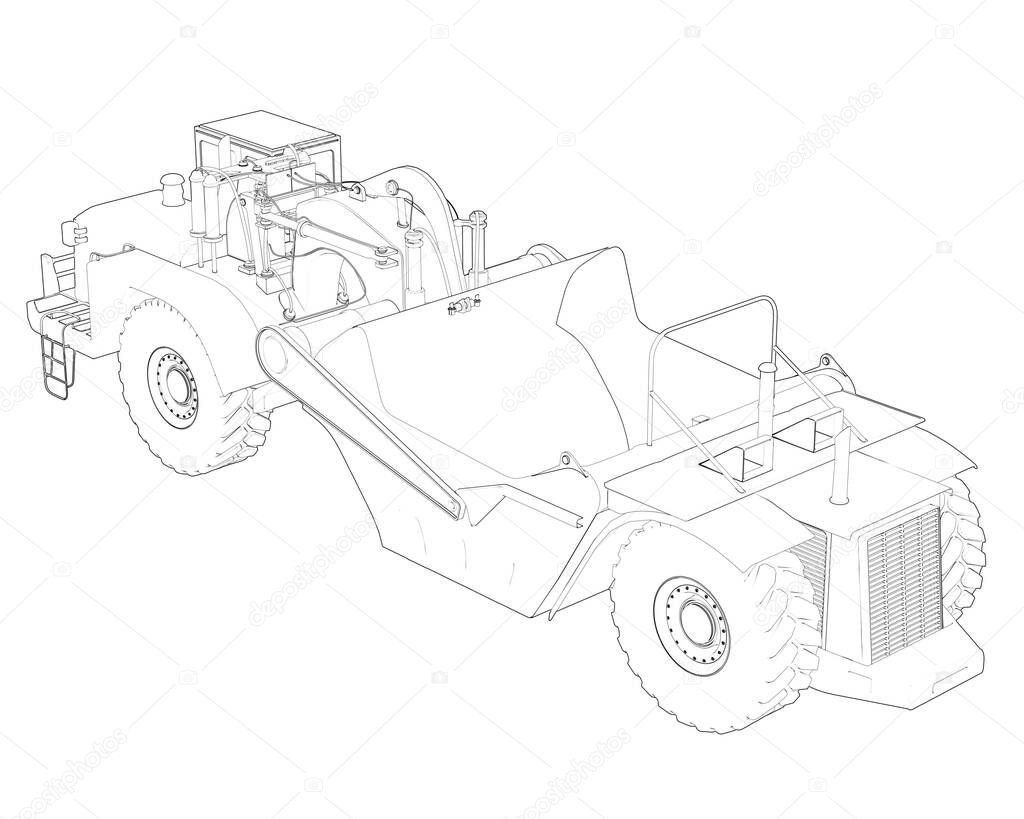 Wheel tractor scraper isolated on background. 3d rendering - illustration