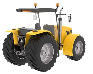 Arka planda büyük bir traktör var. 3d görüntüleme - illüstrasyon