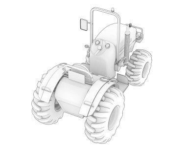 Arka planda küçük bir traktör var. 3d görüntüleme - illüstrasyon