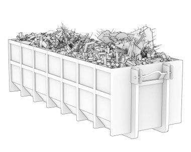 Arka planda endüstriyel çöp konteynırı var. 3d görüntüleme - illüstrasyon