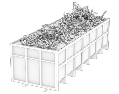 Arka planda endüstriyel çöp konteynırı var. 3d görüntüleme - illüstrasyon