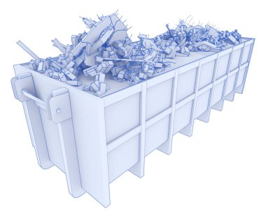 Arka planda endüstriyel çöp konteynırı var. 3d görüntüleme - illüstrasyon